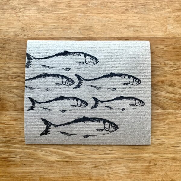 Schwammtuch mit Fischschwarm grau